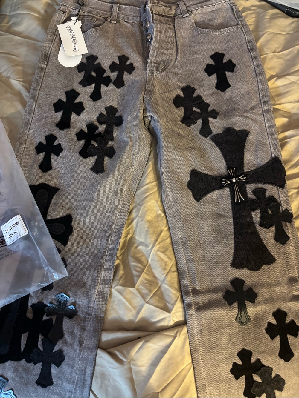 Chrome Hearts Gray Jeans with Black Cross Appliqués